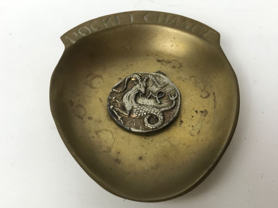 Vintage Brass Pocket Change Holder And Capricorn Pendant