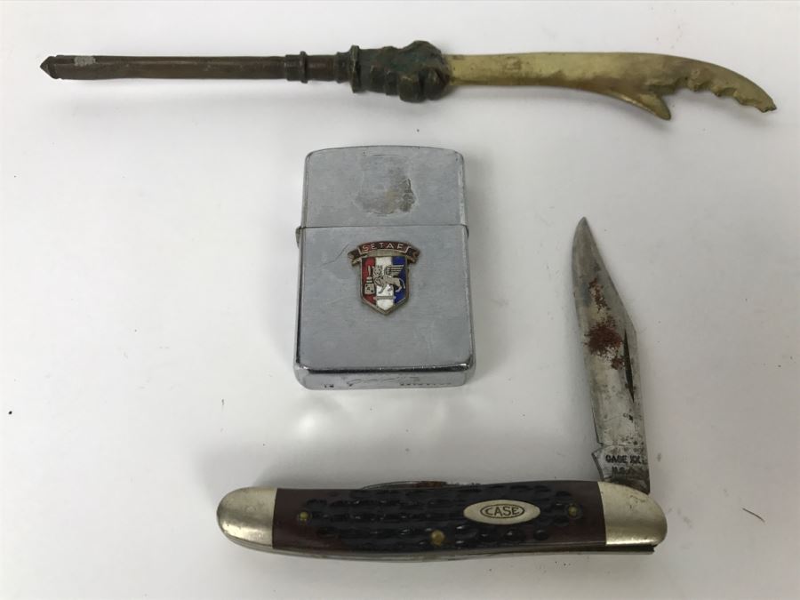 Vintage Zippo Lighter, CASE XX Pocket Knife And Brass Bottle Opener