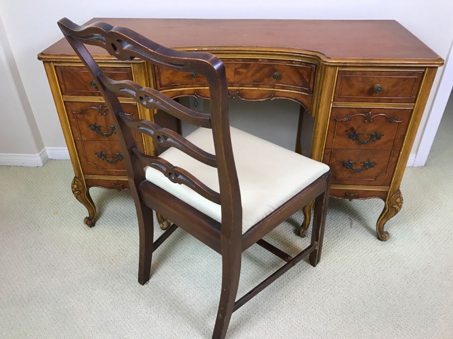 Stunning French Provincial Keyhole Desk With Vintage Chair 50'W X 19'D X 29.5'H [Photo 2]