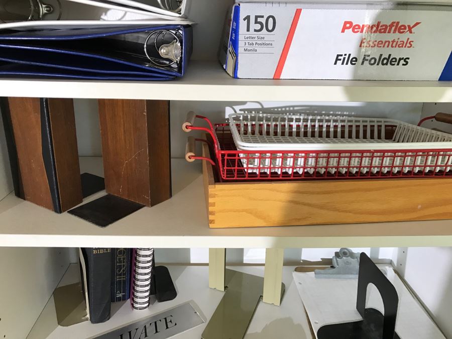 White Bookshelf Cabinet With All Office Supplies And Items Photographed On And Near Shelf Including Floor Lamp - Tons Of Paper, Folders, Containers - See All Photos [Photo 15]