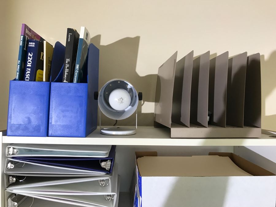 White Bookshelf Cabinet With All Office Supplies And Items Photographed On And Near Shelf Including Floor Lamp - Tons Of Paper, Folders, Containers - See All Photos [Photo 17]