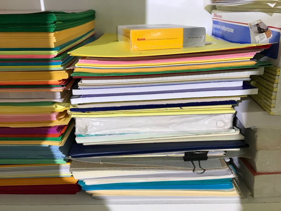 White Bookshelf Cabinet With All Office Supplies And Items Photographed On And Near Shelf Including Floor Lamp - Tons Of Paper, Folders, Containers - See All Photos [Photo 5]