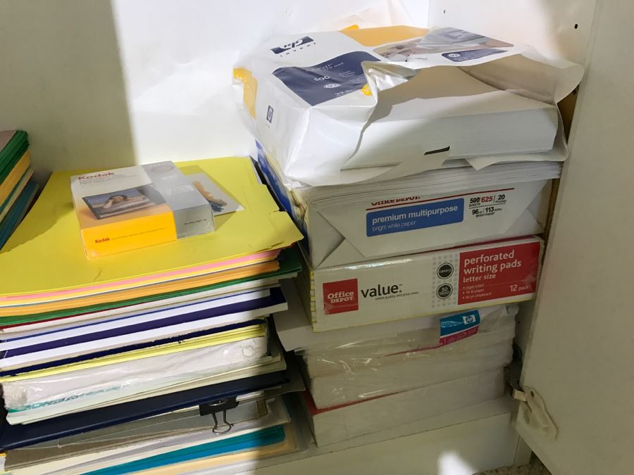 White Bookshelf Cabinet With All Office Supplies And Items Photographed On And Near Shelf Including Floor Lamp - Tons Of Paper, Folders, Containers - See All Photos [Photo 7]