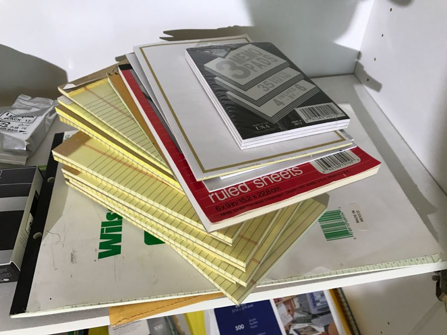 White Bookshelf Cabinet With All Office Supplies And Items Photographed On And Near Shelf Including Floor Lamp - Tons Of Paper, Folders, Containers - See All Photos [Photo 12]