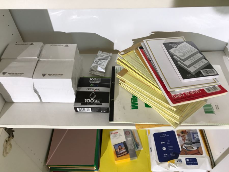White Bookshelf Cabinet With All Office Supplies And Items Photographed On And Near Shelf Including Floor Lamp - Tons Of Paper, Folders, Containers - See All Photos [Photo 10]