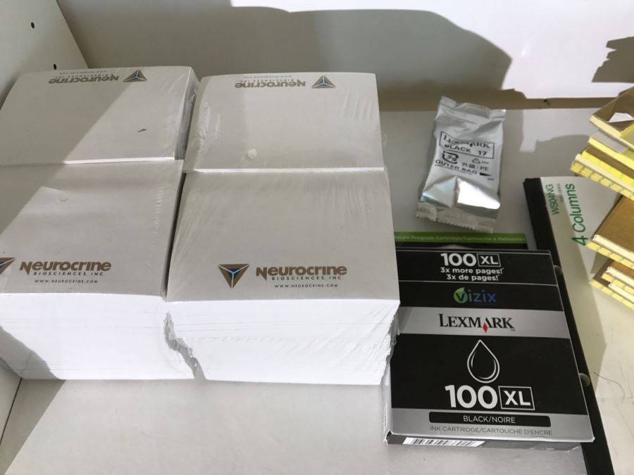 White Bookshelf Cabinet With All Office Supplies And Items Photographed On And Near Shelf Including Floor Lamp - Tons Of Paper, Folders, Containers - See All Photos [Photo 11]