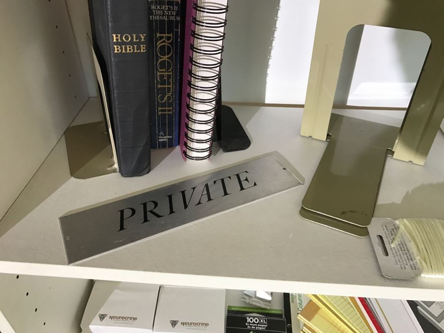 White Bookshelf Cabinet With All Office Supplies And Items Photographed On And Near Shelf Including Floor Lamp - Tons Of Paper, Folders, Containers - See All Photos [Photo 14]