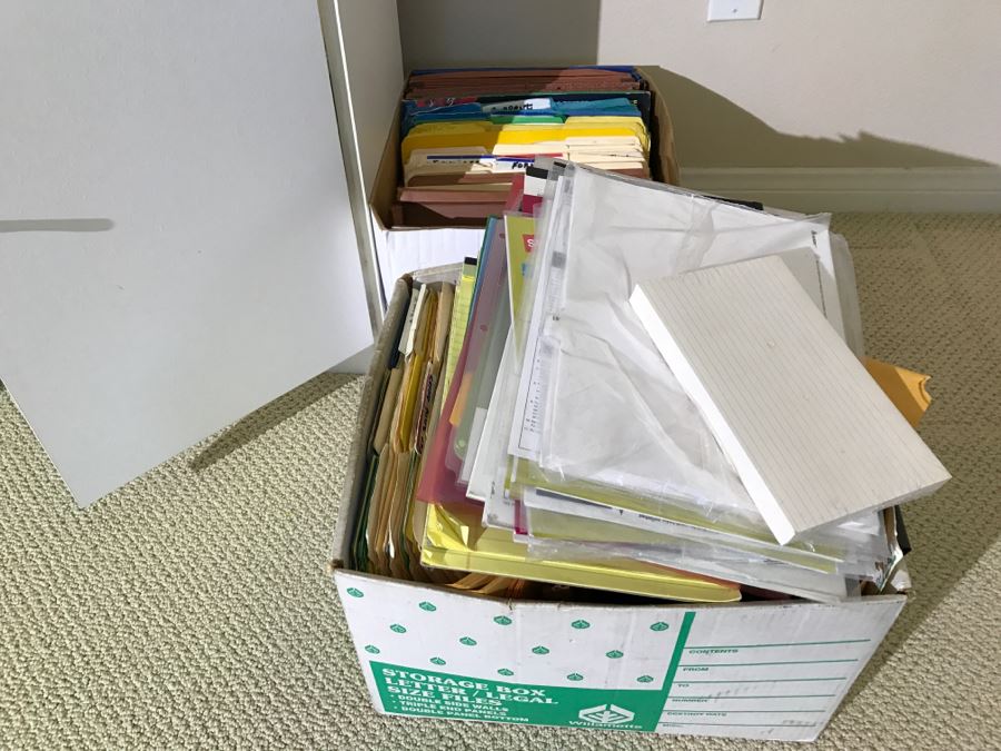 White Bookshelf Cabinet With All Office Supplies And Items Photographed On And Near Shelf Including Floor Lamp - Tons Of Paper, Folders, Containers - See All Photos [Photo 18]