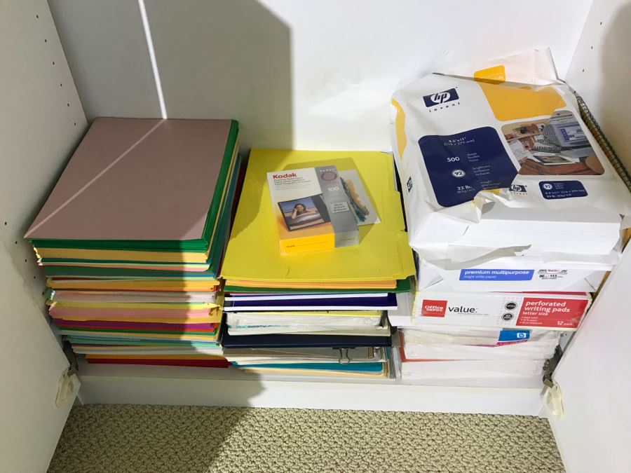 White Bookshelf Cabinet With All Office Supplies And Items Photographed On And Near Shelf Including Floor Lamp - Tons Of Paper, Folders, Containers - See All Photos [Photo 3]