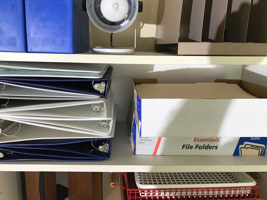 White Bookshelf Cabinet With All Office Supplies And Items Photographed On And Near Shelf Including Floor Lamp - Tons Of Paper, Folders, Containers - See All Photos [Photo 16]