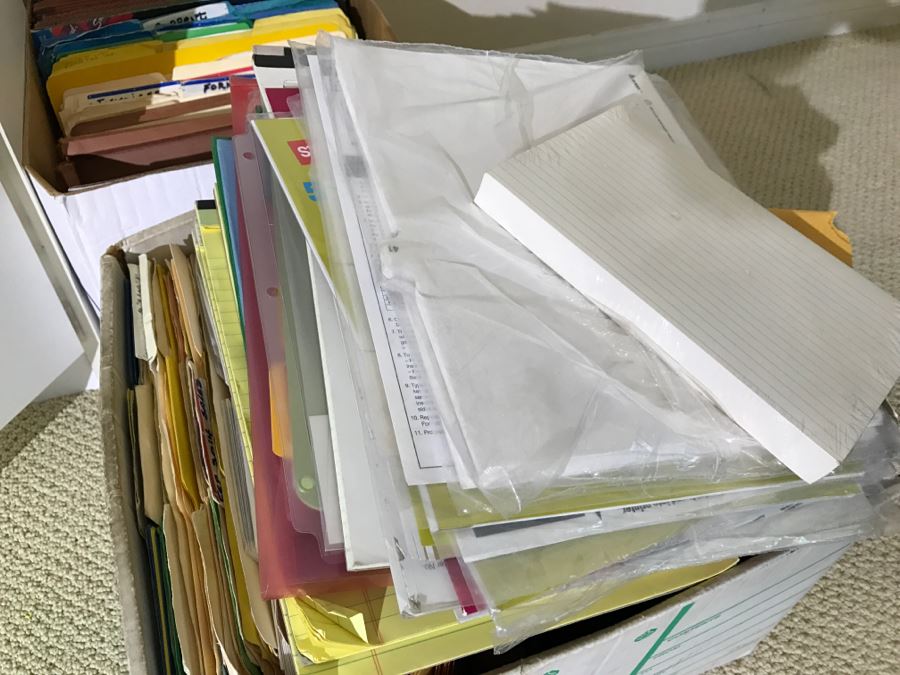 White Bookshelf Cabinet With All Office Supplies And Items Photographed On And Near Shelf Including Floor Lamp - Tons Of Paper, Folders, Containers - See All Photos [Photo 20]