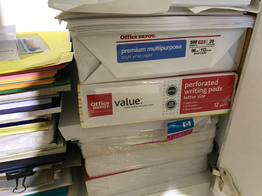 White Bookshelf Cabinet With All Office Supplies And Items Photographed On And Near Shelf Including Floor Lamp - Tons Of Paper, Folders, Containers - See All Photos [Photo 8]