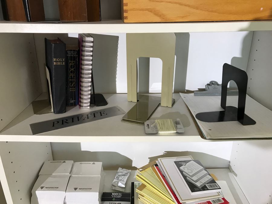 White Bookshelf Cabinet With All Office Supplies And Items Photographed On And Near Shelf Including Floor Lamp - Tons Of Paper, Folders, Containers - See All Photos [Photo 13]