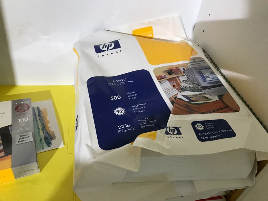 White Bookshelf Cabinet With All Office Supplies And Items Photographed On And Near Shelf Including Floor Lamp - Tons Of Paper, Folders, Containers - See All Photos [Photo 9]