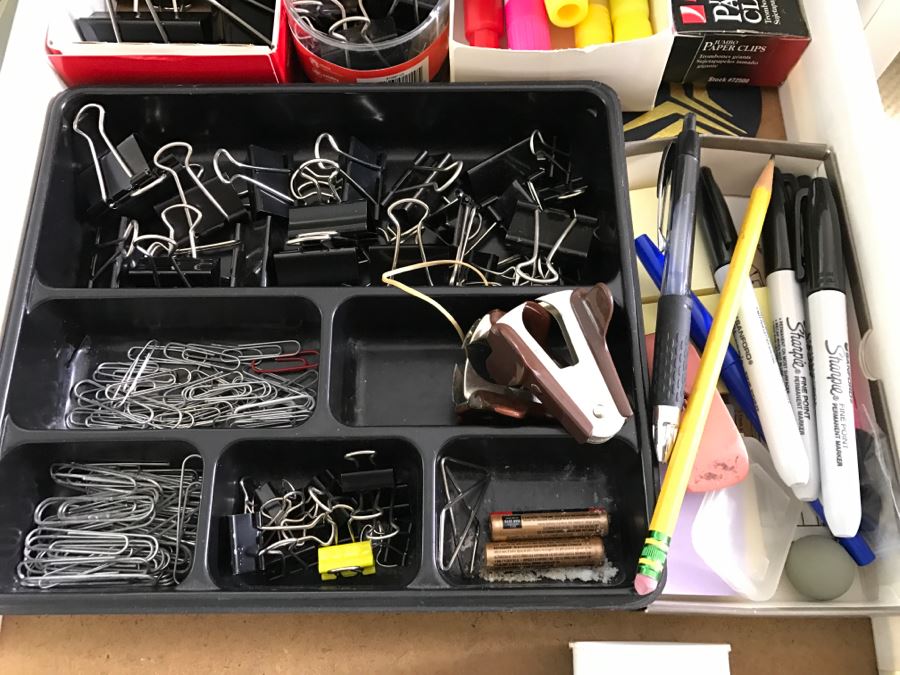 White Office Desk With White Rolling Cabinet Filled With Office Supplies - Everything In Cabinet Included - Items On Desk Excluded - See All Photos [Photo 4]