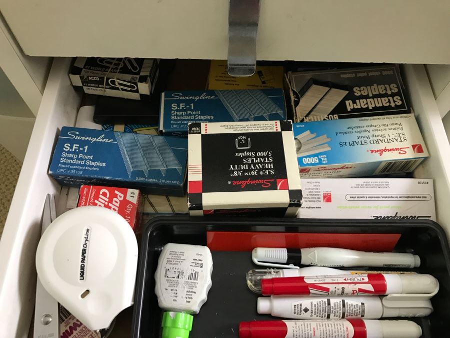 White Office Desk With White Rolling Cabinet Filled With Office Supplies - Everything In Cabinet Included - Items On Desk Excluded - See All Photos [Photo 8]