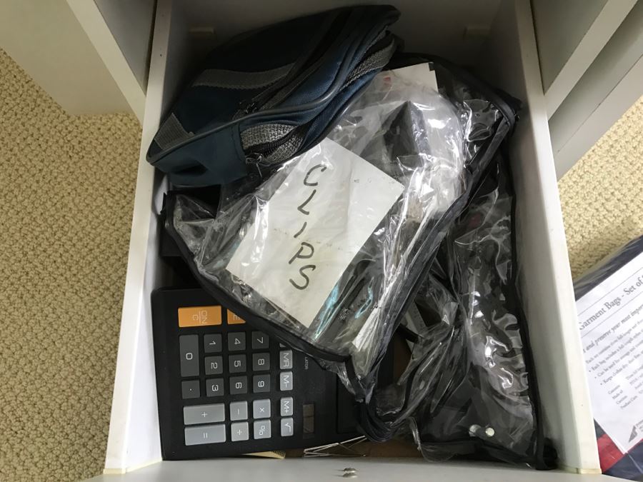 White Office Desk With White Rolling Cabinet Filled With Office Supplies - Everything In Cabinet Included - Items On Desk Excluded - See All Photos [Photo 9]