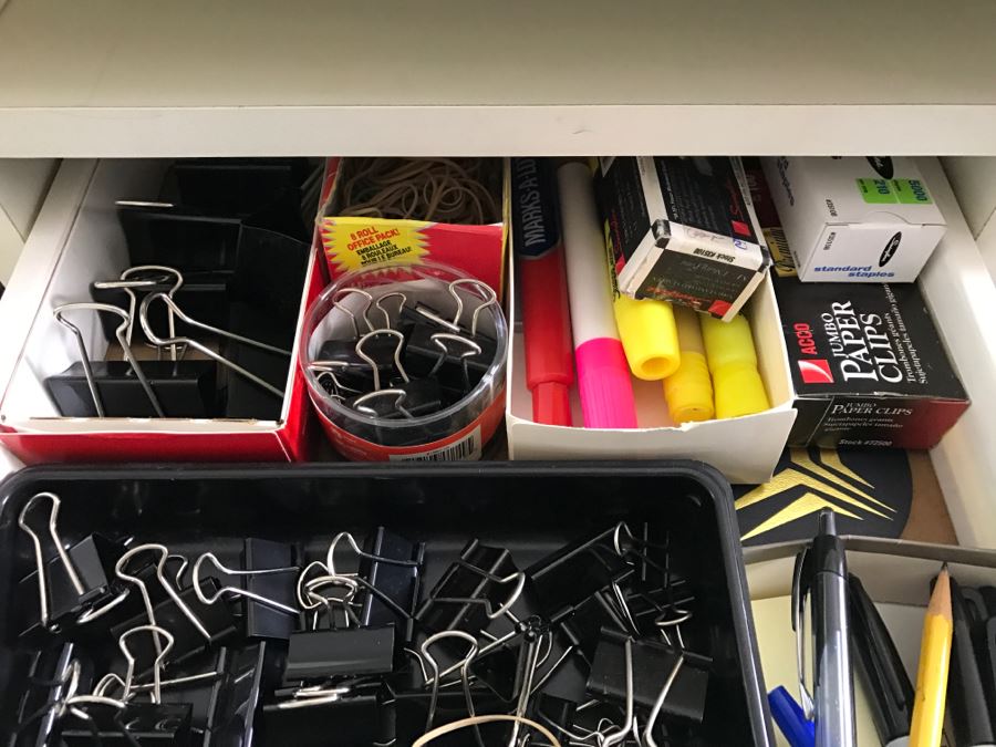 White Office Desk With White Rolling Cabinet Filled With Office Supplies - Everything In Cabinet Included - Items On Desk Excluded - See All Photos [Photo 5]