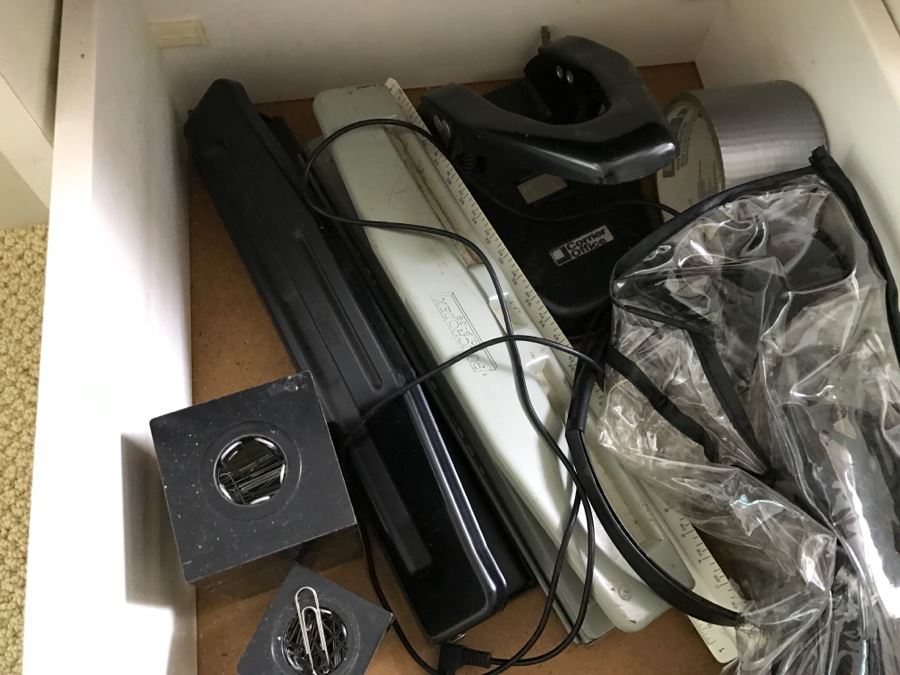 White Office Desk With White Rolling Cabinet Filled With Office Supplies - Everything In Cabinet Included - Items On Desk Excluded - See All Photos [Photo 13]