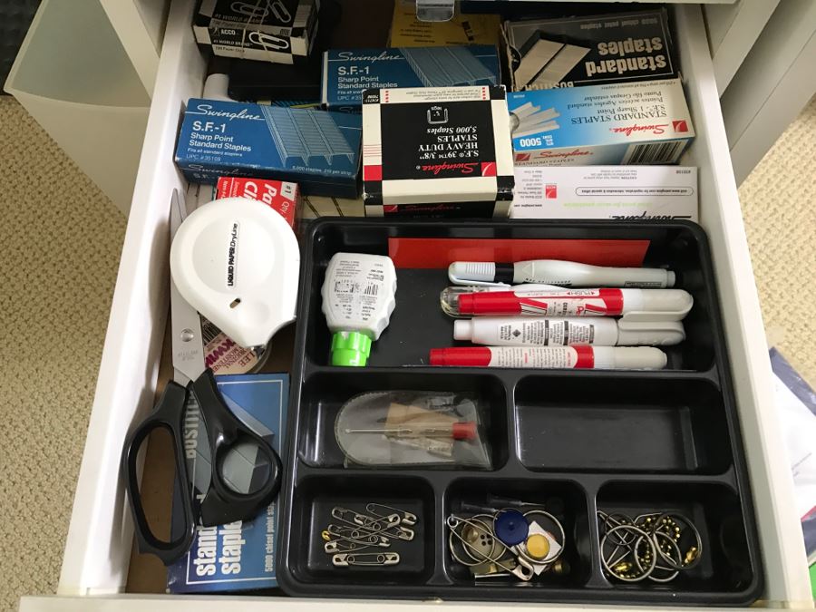 White Office Desk With White Rolling Cabinet Filled With Office Supplies - Everything In Cabinet Included - Items On Desk Excluded - See All Photos [Photo 6]