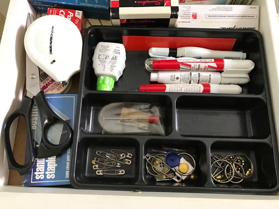 White Office Desk With White Rolling Cabinet Filled With Office Supplies - Everything In Cabinet Included - Items On Desk Excluded - See All Photos [Photo 7]