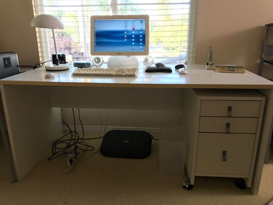 White Office Desk With White Rolling Cabinet Filled With Office Supplies - Everything In Cabinet Included - Items On Desk Excluded - See All Photos [Photo 1]