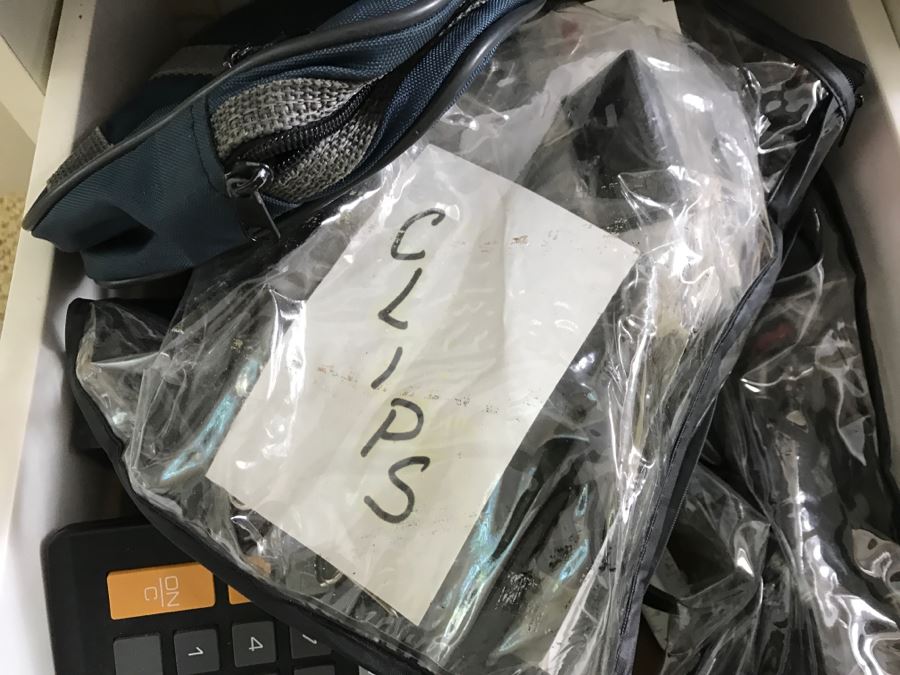 White Office Desk With White Rolling Cabinet Filled With Office Supplies - Everything In Cabinet Included - Items On Desk Excluded - See All Photos [Photo 10]