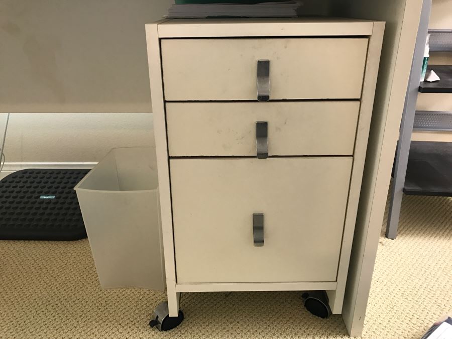 White Office Desk With White Rolling Cabinet Filled With Office Supplies - Everything In Cabinet Included - Items On Desk Excluded - See All Photos [Photo 2]