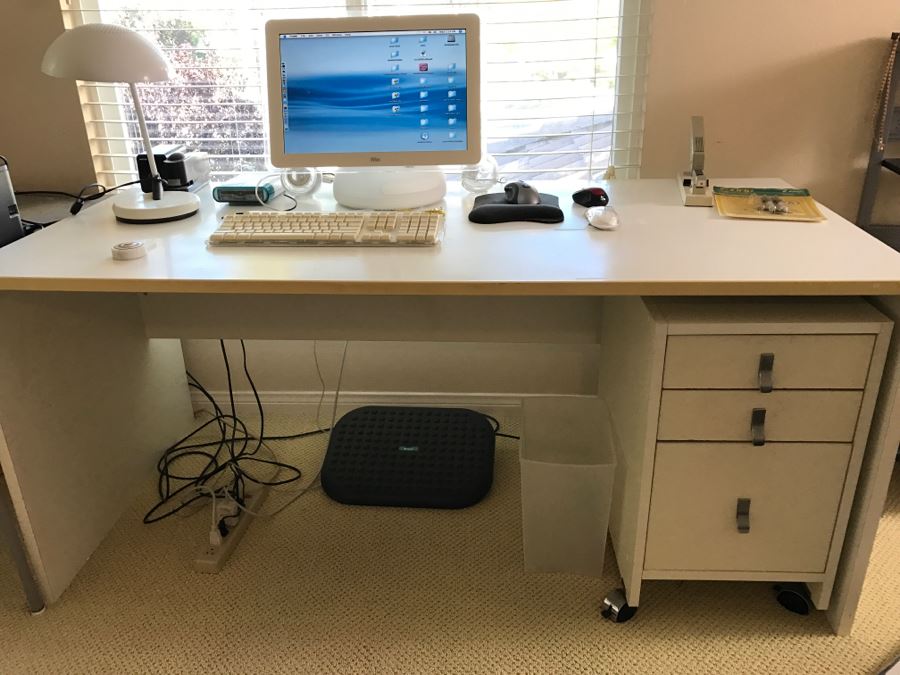 White Office Desk With White Rolling Cabinet Filled With Office Supplies - Everything In Cabinet Included - Items On Desk Excluded - See All Photos [Photo 14]