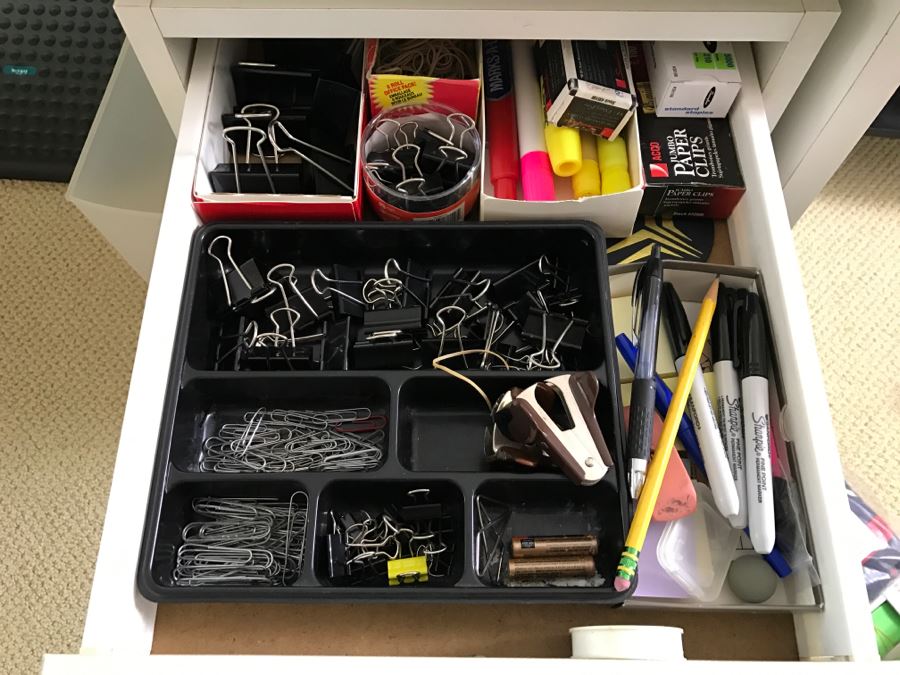 White Office Desk With White Rolling Cabinet Filled With Office Supplies - Everything In Cabinet Included - Items On Desk Excluded - See All Photos [Photo 3]