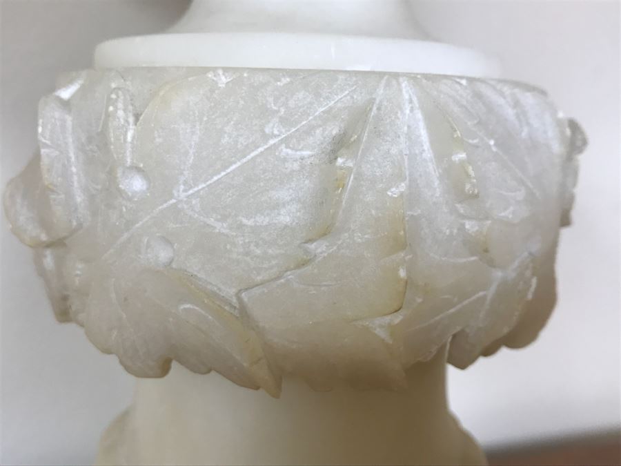 Vintage Carved White Alabaster Lamp With Carved Stone Finial (Possibly Jade) - See Photos For Repairs [Photo 7]