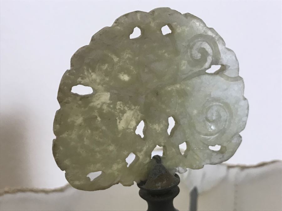 Vintage Carved White Alabaster Lamp With Carved Stone Finial (Possibly Jade) - See Photos For Repairs [Photo 12]