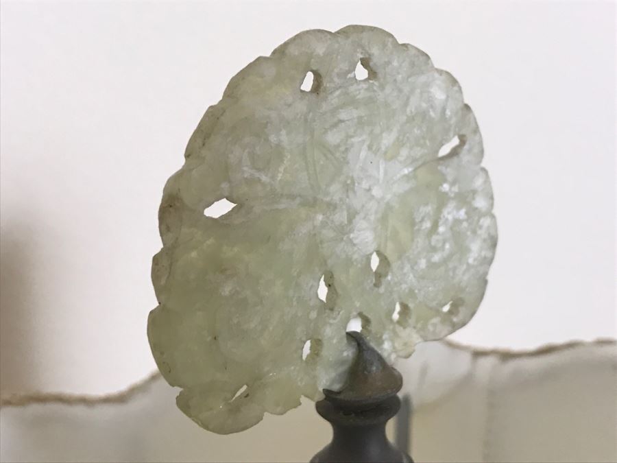 Vintage Carved White Alabaster Lamp With Carved Stone Finial (Possibly Jade) - See Photos For Repairs [Photo 11]