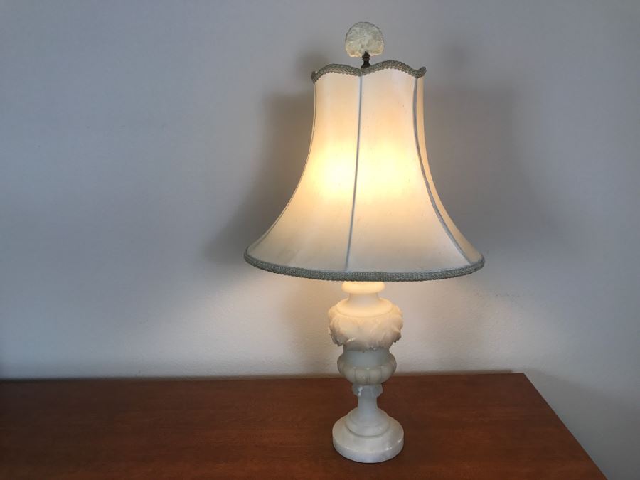 Vintage Carved White Alabaster Lamp With Carved Stone Finial (Possibly Jade) - See Photos For Repairs [Photo 2]