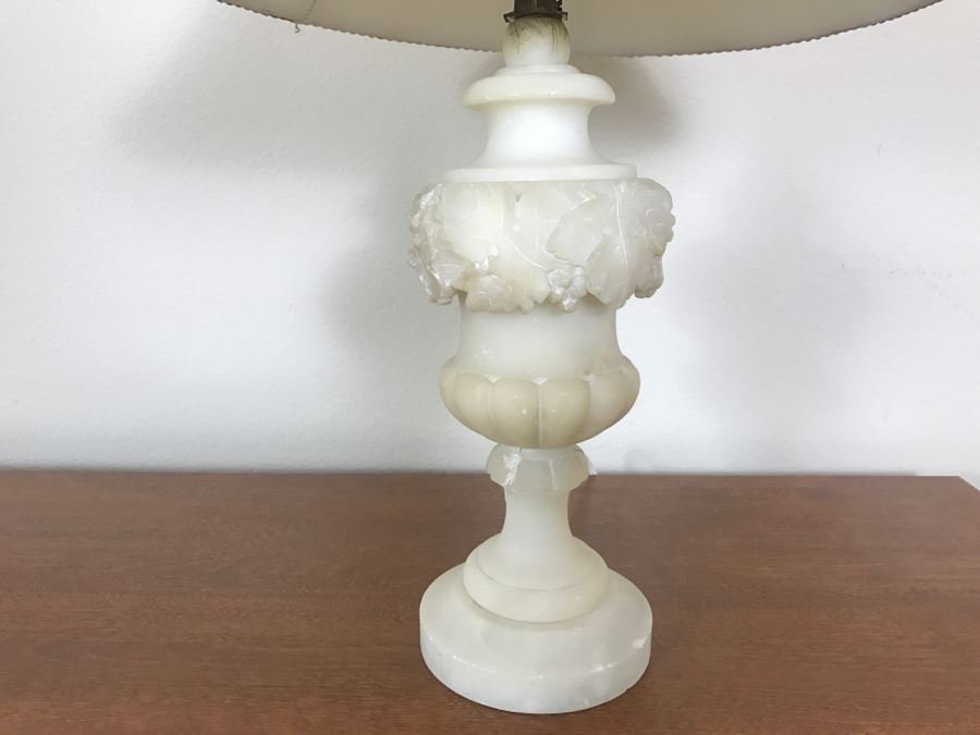 Vintage Carved White Alabaster Lamp With Carved Stone Finial (Possibly Jade) - See Photos For Repairs [Photo 3]