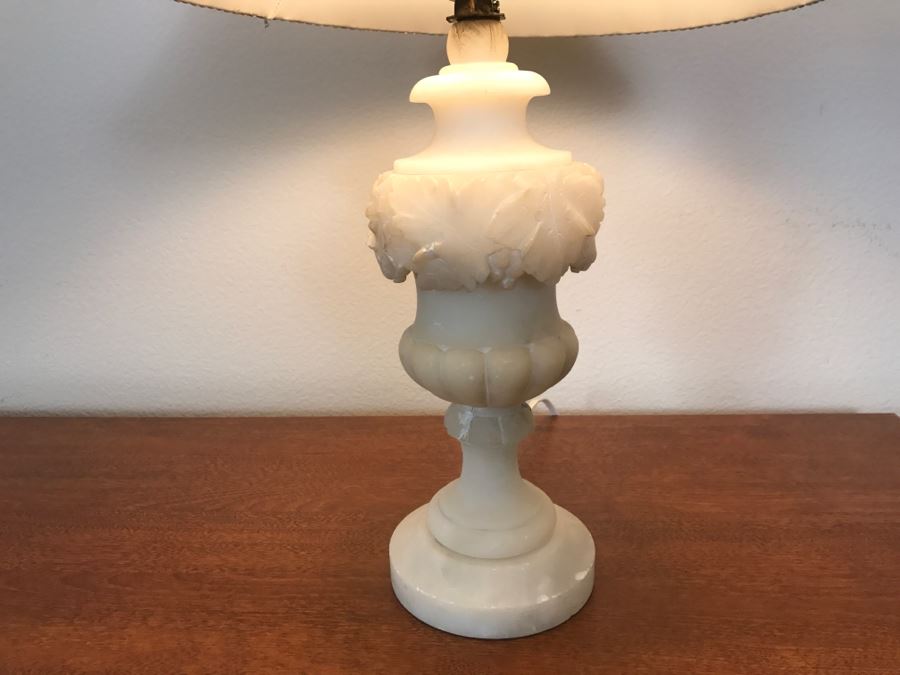 Vintage Carved White Alabaster Lamp With Carved Stone Finial (Possibly Jade) - See Photos For Repairs [Photo 1]