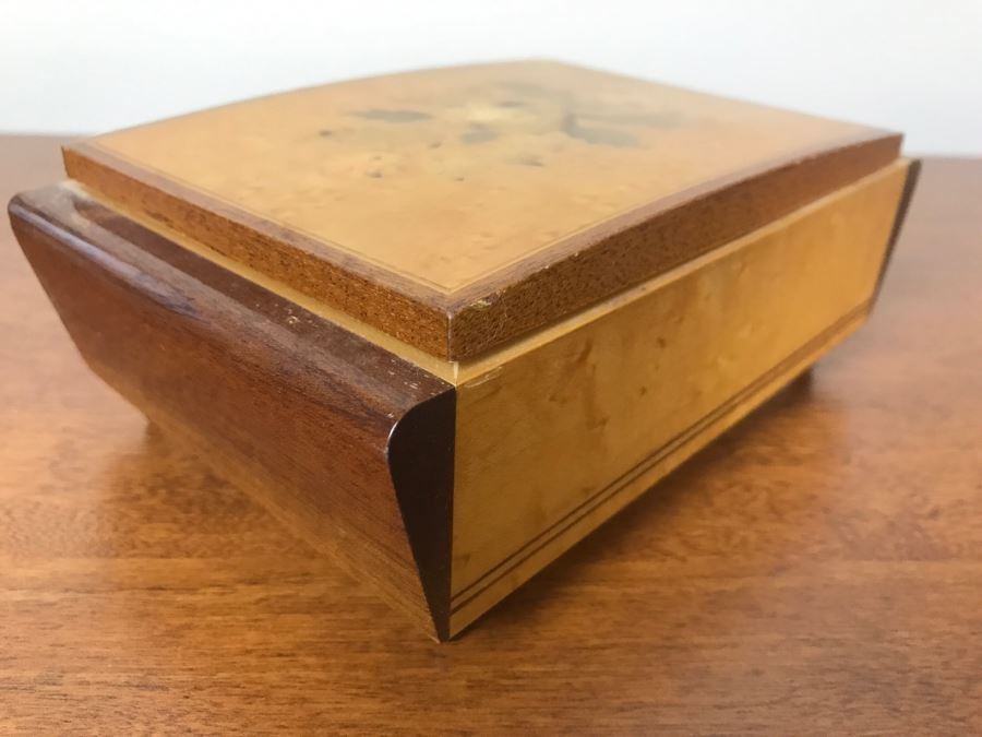 Vintage Italian Wooden Inlay Music Box Floral Motif With Rose Brooch And Trinket Boxes [Photo 7]