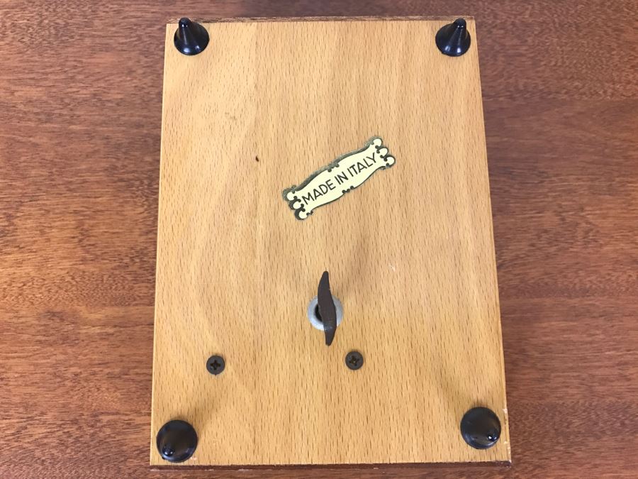 Vintage Italian Wooden Inlay Music Box Floral Motif With Rose Brooch And Trinket Boxes [Photo 8]