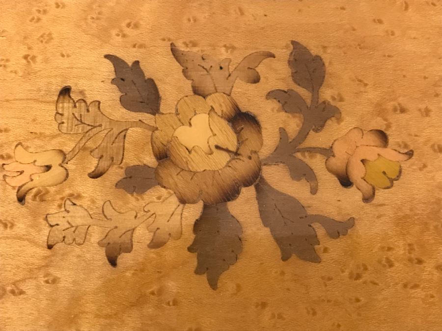 Vintage Italian Wooden Inlay Music Box Floral Motif With Rose Brooch And Trinket Boxes [Photo 5]
