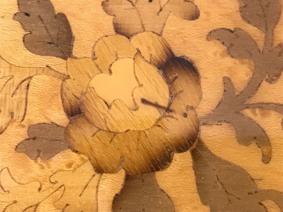 Vintage Italian Wooden Inlay Music Box Floral Motif With Rose Brooch And Trinket Boxes [Photo 6]