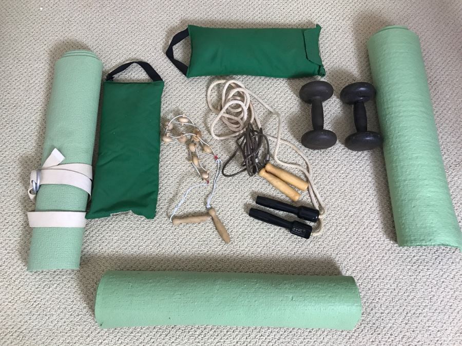 Excercise Lot Includes Several Jump Ropes, (3) Yoga Mats And Various Weights [Photo 1]