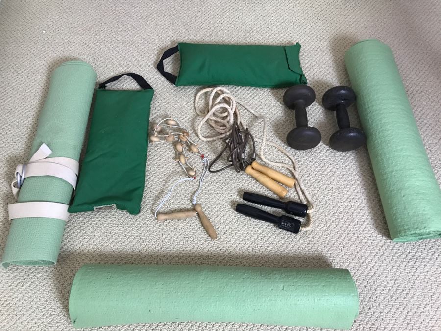 Excercise Lot Includes Several Jump Ropes, (3) Yoga Mats And Various Weights [Photo 2]