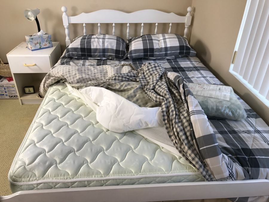 White Queen Size Wooden Headboard And Footboard With Matress And Boxspring Plus Bedding And New King Kenko Pillow By Nikken [Photo 8]