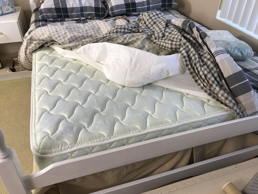 White Queen Size Wooden Headboard And Footboard With Matress And Boxspring Plus Bedding And New King Kenko Pillow By Nikken [Photo 7]