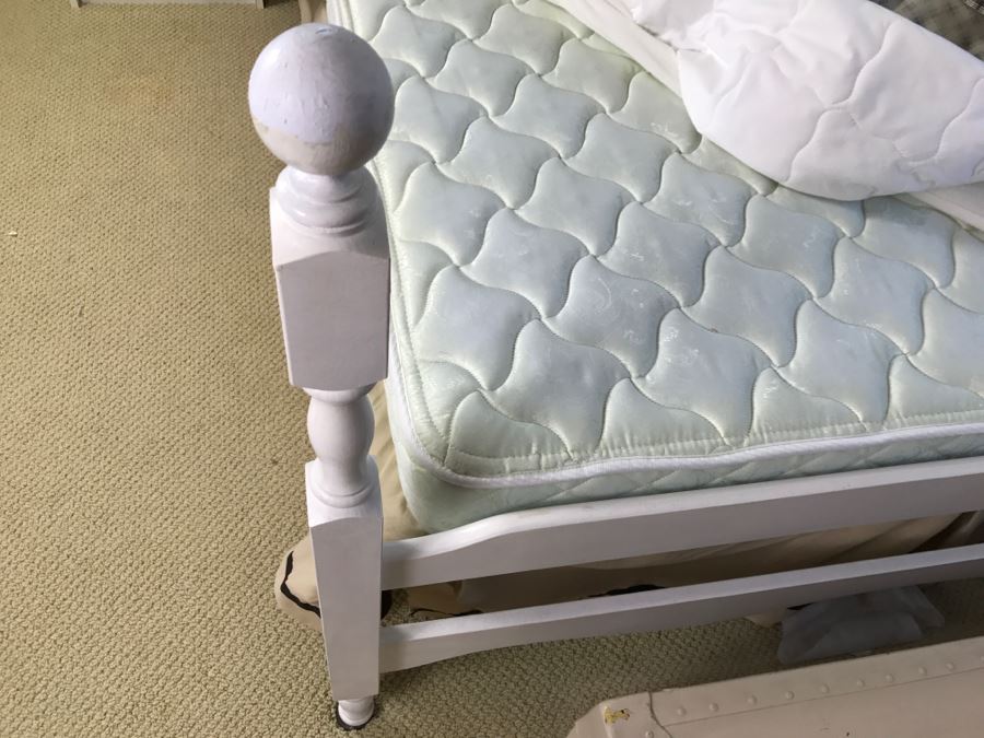 White Queen Size Wooden Headboard And Footboard With Matress And Boxspring Plus Bedding And New King Kenko Pillow By Nikken [Photo 9]