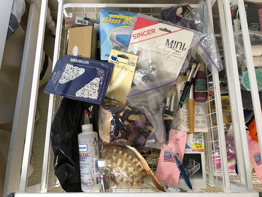 Elfa Vertical Stacking Wire Basket Storage Containers FILLED With Various Items Including Crafting Items And Sewing Supplies - See All Photos [Photo 7]