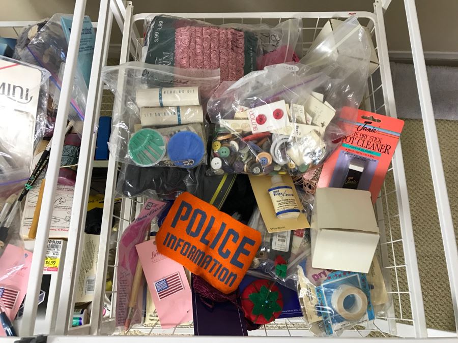 Elfa Vertical Stacking Wire Basket Storage Containers FILLED With Various Items Including Crafting Items And Sewing Supplies - See All Photos [Photo 3]