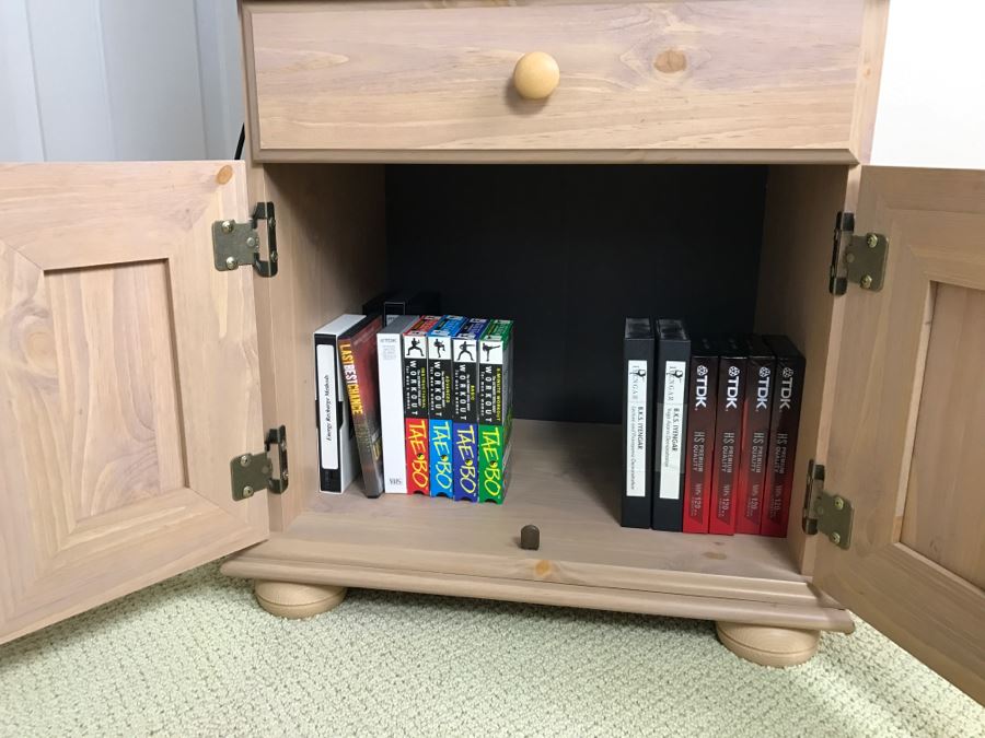 Sauder Furniture Nightstand Side Table Cabinet With Various VHS Tapes Including TAE BO Billy Blanks VHS Workout Tapes [Photo 3]