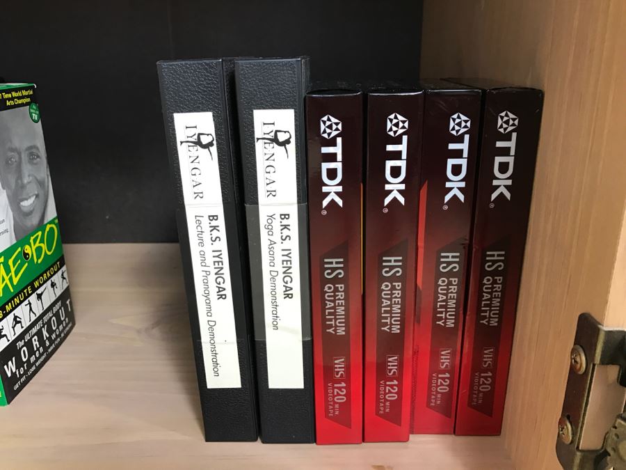 Sauder Furniture Nightstand Side Table Cabinet With Various VHS Tapes Including TAE BO Billy Blanks VHS Workout Tapes [Photo 4]