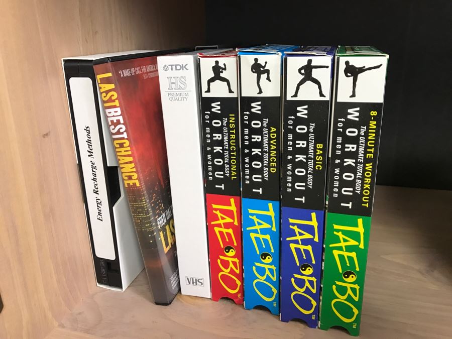 Sauder Furniture Nightstand Side Table Cabinet With Various VHS Tapes Including TAE BO Billy Blanks VHS Workout Tapes [Photo 5]